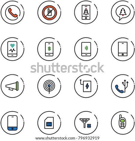 line vector icon set - phone vector, no mobile sign, christmas, merry message, heart monitor, payment, speaker horn, antenna, power bank, sim, signal, toy