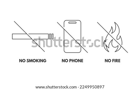 Minimal line No smoking, No phone, No fire with slash, Outline symbol collection, Not allowed symbol
