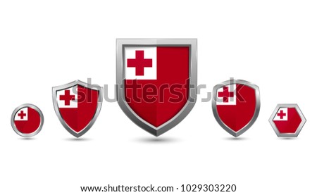 Tonga flag silver badges with 3 shape shield, circle and hexagon stock vector illustration