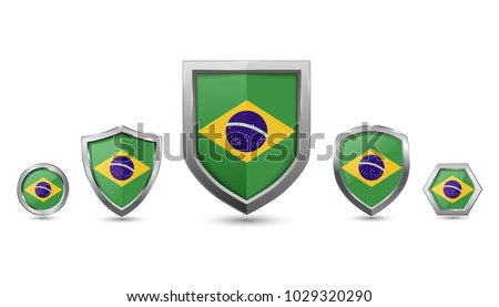 Brazil flag country with metal shape shield badge vector illustration 