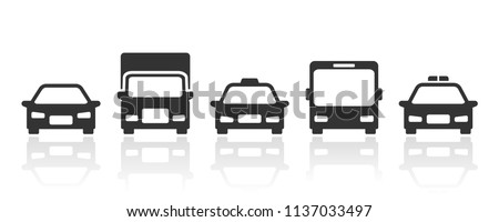 Cars transportation icons silhouette with reflection in front view