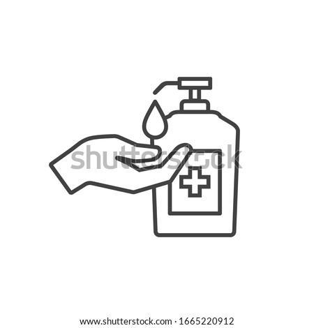 Washing hand with sanitizer liquid soap vector line icon