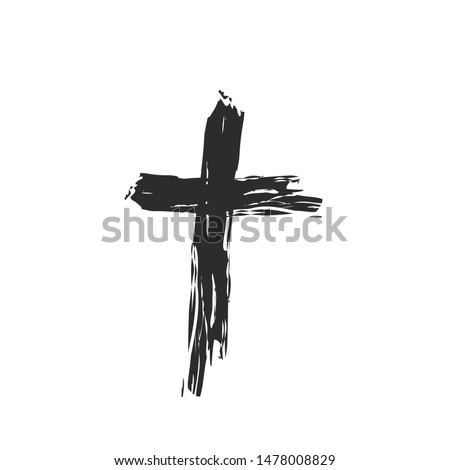 Christian cross church icon set logos. Christianity symbol of Jesus Christ. Natural black and white brush strokes with rough edges. Silhouette outline of cross.