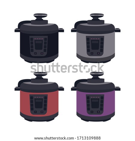 Electric slow cooker. appliance. Kitchen equipment. steamer. Set of vector illustrations. Flat design.