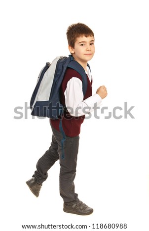 Walking School Boy Being In A Hurry Isolated On White Background Stock ...