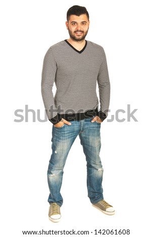 Full Body Shot Of Casual Man In Striped Shirt And Jeans Isolated On ...