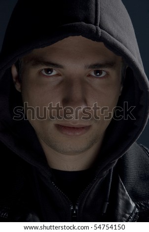 Young Man In Black Hood And Jacket In Darkness Stock Photo 54754150 ...