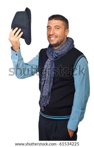 Modern man salute you and take off his hat isolated on white background