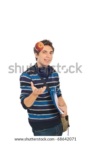 Cool student guy throw up apple and smiling with tongue out isolated on white background