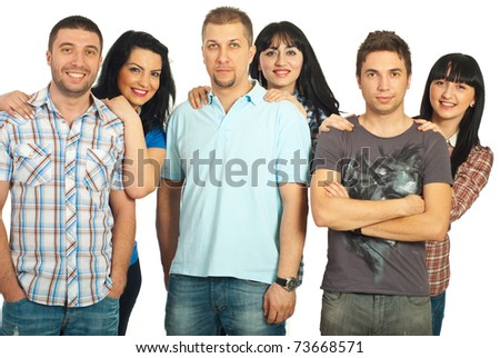 Cheerful three couples of people isolated on white background