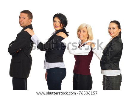 Four business people holding hands on each others shoulders and smiling ,concept of supporting each other isolated on white background