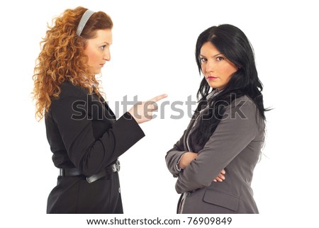 Upset manager pointing to employee woman and arguing isolated on white background