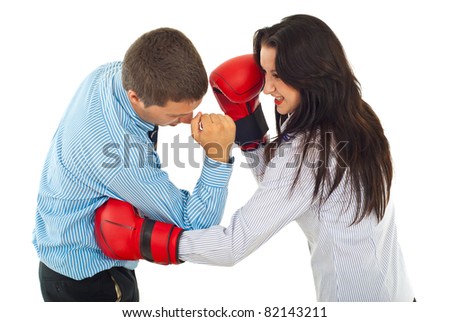 Two young business people fight isolated on white background