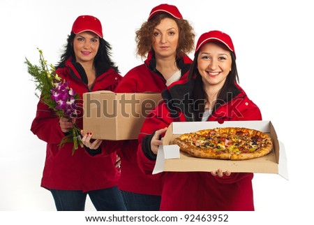 Team of three delivery women holding different things isolated on white background