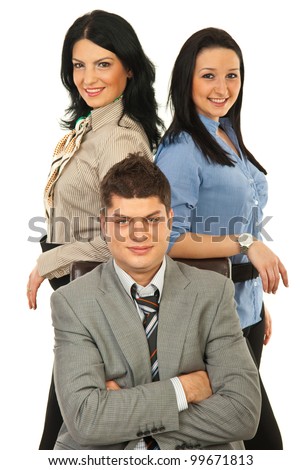 Manager man sitting on chair surrounded by two secretaries against white background