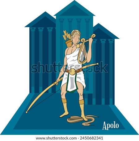 Illustration vector isolated of mythical Greek and Roman god, Apollo, Febo, Phoebus, god of arts, sun god, bow and arch god.