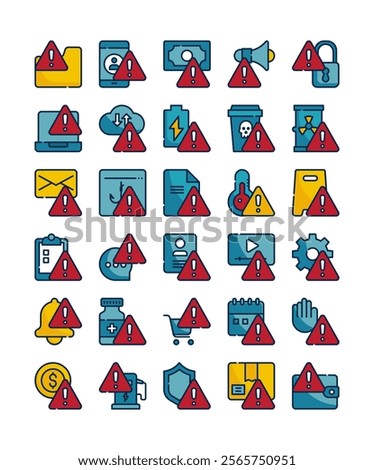 set of caution warning security protection decoration element filled outline icon vector illustration