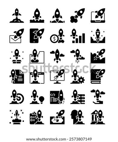 set of rocket fly business startup solid glyph icon element vector illustration