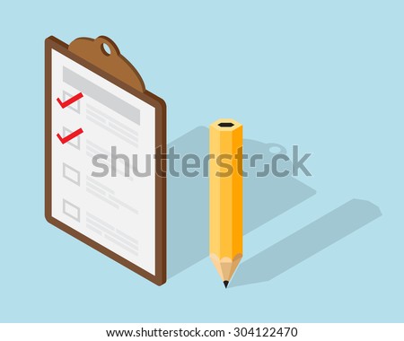 Checklist paper on Clipboard and Pencil Isometric element Vector Illustration