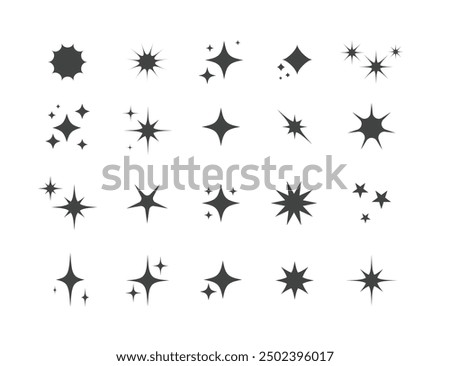 Blinking stars, sparks and sparkles set. Shining twinkle sunburst shapes collection. Magic light flare pack for design template, poster, banner, brochure, leaflet. Vector glint glitter symbols