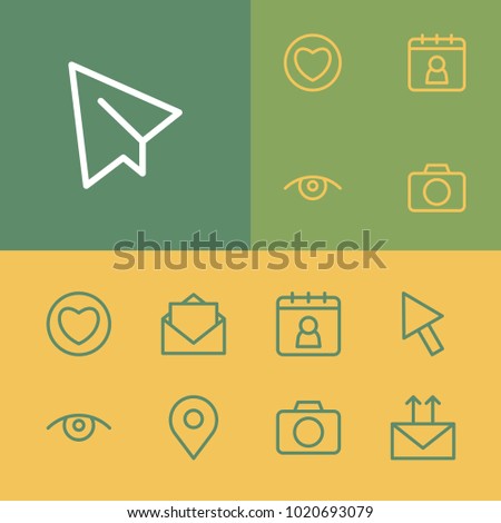 Network icons set with paper plane, camera and eye elements. Set of network icons and photography concept. Editable vector elements for logo app UI design.