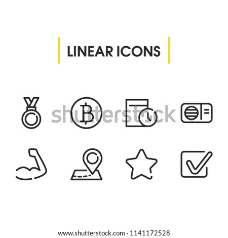 Medal icon with bitcoin, map pin and radio symbols. Set of date, tuner, history icons and cryptocurrency concept. Editable vector elements for logo app UI design.