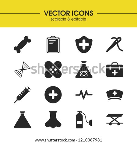 Medicine icons set with glassware, medical cap and oxygen elements. Set of medicine icons and shield concept. Editable vector elements for logo app UI design.