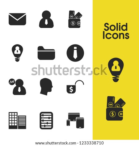 Trade icons set with letter, business center and folder elements. Set of trade icons and device concept. Editable vector elements for logo app UI design.