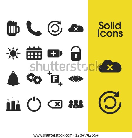 UI icons set with see, fullscreen off and gears elements. Set of UI icons and energy concept. Editable vector elements for logo app UI design.