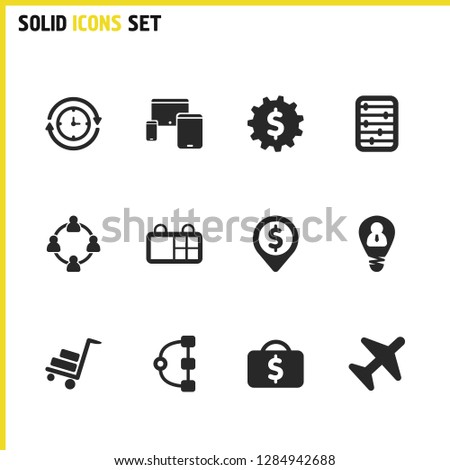 Work icons set with case with money, people intellect and calendar elements. Set of work icons and briefcase concept. Editable vector elements for logo app UI design.