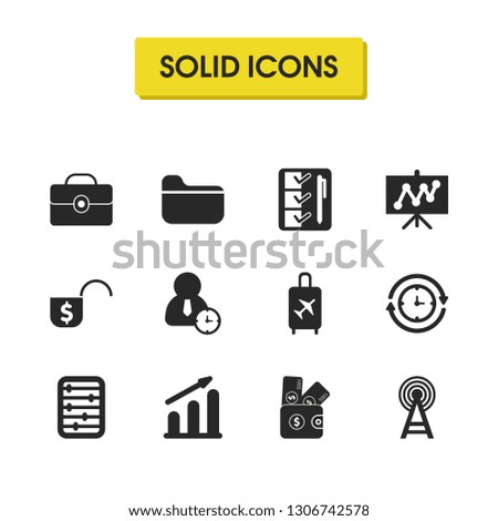 Trade icons set with graph increase, airplane flight and board elements. Set of trade icons and radio station concept. Editable vector elements for logo app UI design.