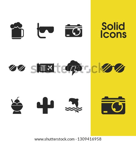 Seasonal icons set with ticket, photo camera and diving glasses elements. Set of seasonal icons and board pass concept. Editable vector elements for logo app UI design.