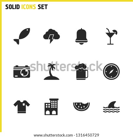 Sunny icons set with t-shirt, fish and watermelon elements. Set of sunny icons and palm concept. Editable vector elements for logo app UI design.