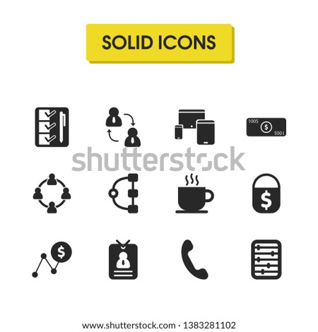 Trade icons set with business technical, team business and cash elements. Set of trade icons and handset concept. Editable vector elements for logo app UI design.