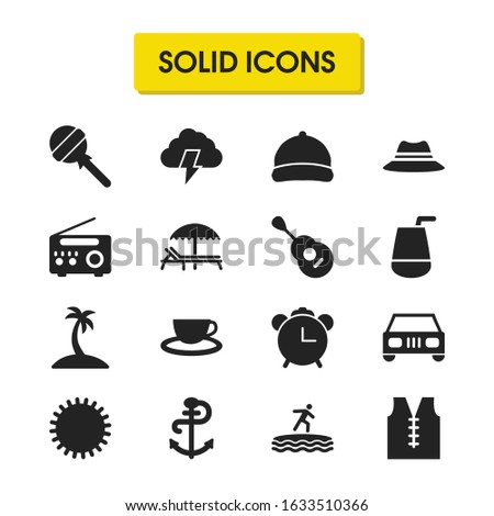 Seasonal icons set with surfer, radio and vest elements. Set of seasonal icons and palm concept. Editable vector elements for logo app UI design.