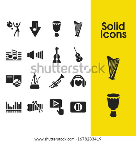 Music icons set with metronome, harp and djembe elements. Set of music icons and click concept. Editable vector elements for logo app UI design.