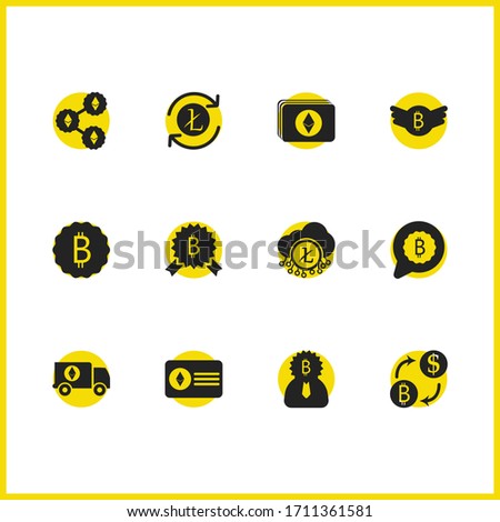 Crypto finance icons set with message bitcoin, litecoin clouds and bitcoin mark elements. Set of crypto finance icons and label concept. Editable vector elements for logo app UI design.