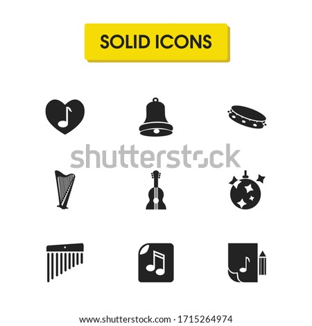 Music icons set with tambourine, chimes and love song elements. Set of music icons and pandeiro concept. Editable vector elements for logo app UI design.