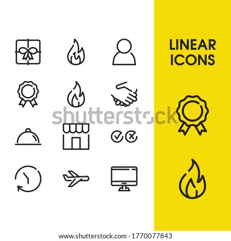 Award icon with computer, person and flame symbols. Set of fire, blaze, flame icons and airline concept. Editable vector elements for logo app UI design.