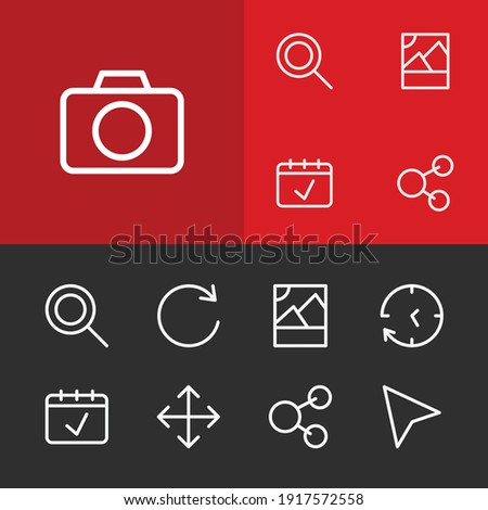 Network icons set with camera, cursor and photo elements. Set of network icons and photography concept. Editable vector elements for logo app UI design.