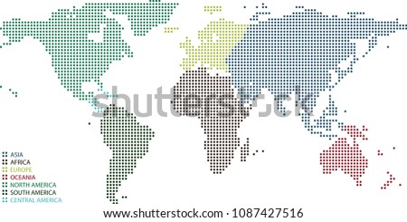 Dotted World map vector outline with map legend, World map dots with highly detailed border, Point patterns of seven continents of World map in colored illustration background