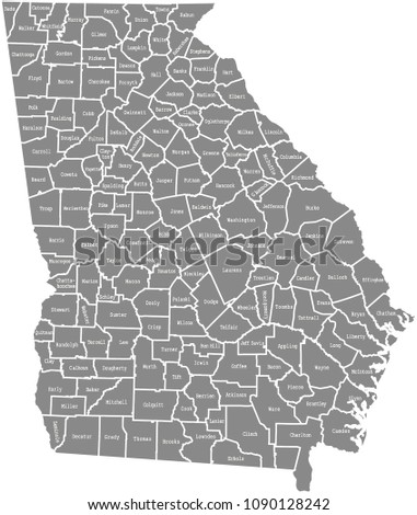 Georgia county map vector outline in gray background. Georgia state of USA map with counties names labeled