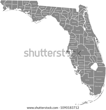 Florida county map vector outline in gray background. Florida state of USA map with counties names labeled