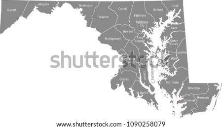 Maryland county map vector outline in gray background. Maryland state of USA map with counties names labeled