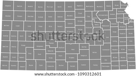 Kansas county map vector outline in gray background. Kansas state of USA map with counties names labeled