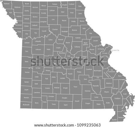 Missouri county map vector outline gray background. Map of Missouri state of USA with counties borders and names labeled