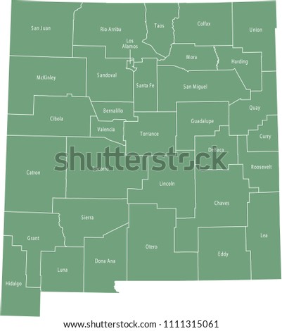 New Mexico county map vector outline green background. Map of New Mexico state of USA with borders and counties names labeled