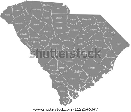 South Carolina county map vector outline with counties names labeled in gray background