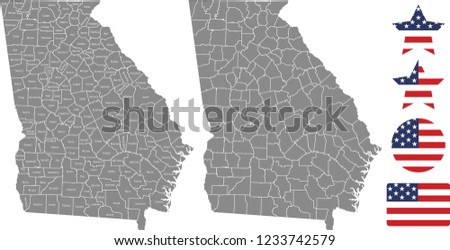 Georgia county map vector outline in gray background. Georgia state of USA map with counties names labeled and United States flag vector illustration designs