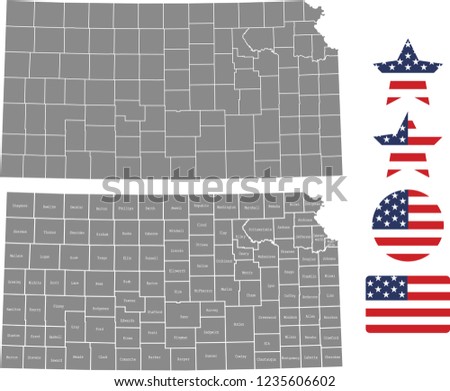 Kansas county map vector outline in gray background. Kansas state of USA map with counties names labeled and United States flag vector illustration designs